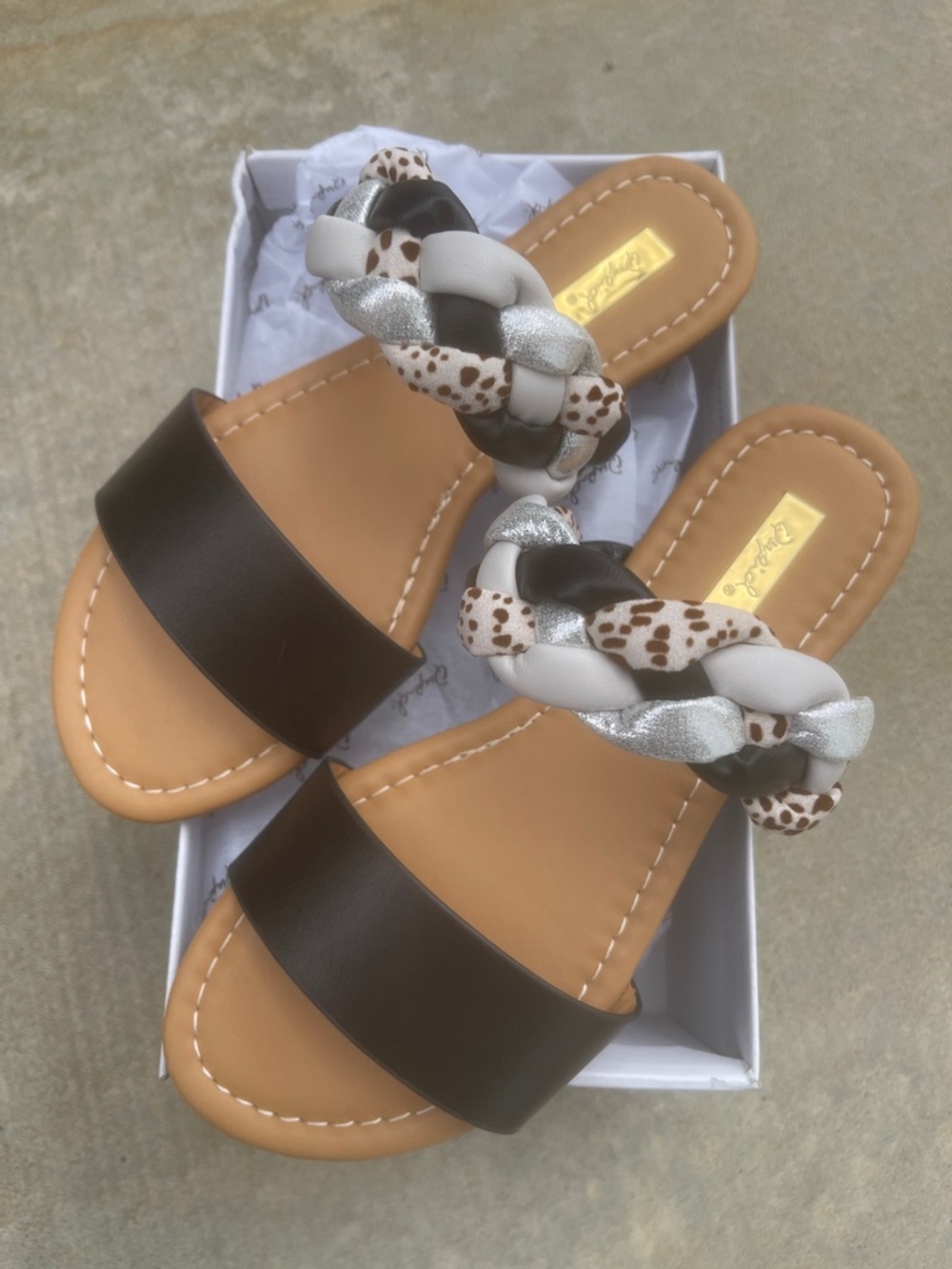 Qupid Braided Slide Sandals - Brown White Silver Leopard